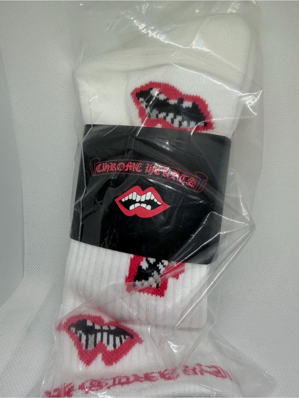 Chrome ❤️ White Crew Socks with Red and Black Lip